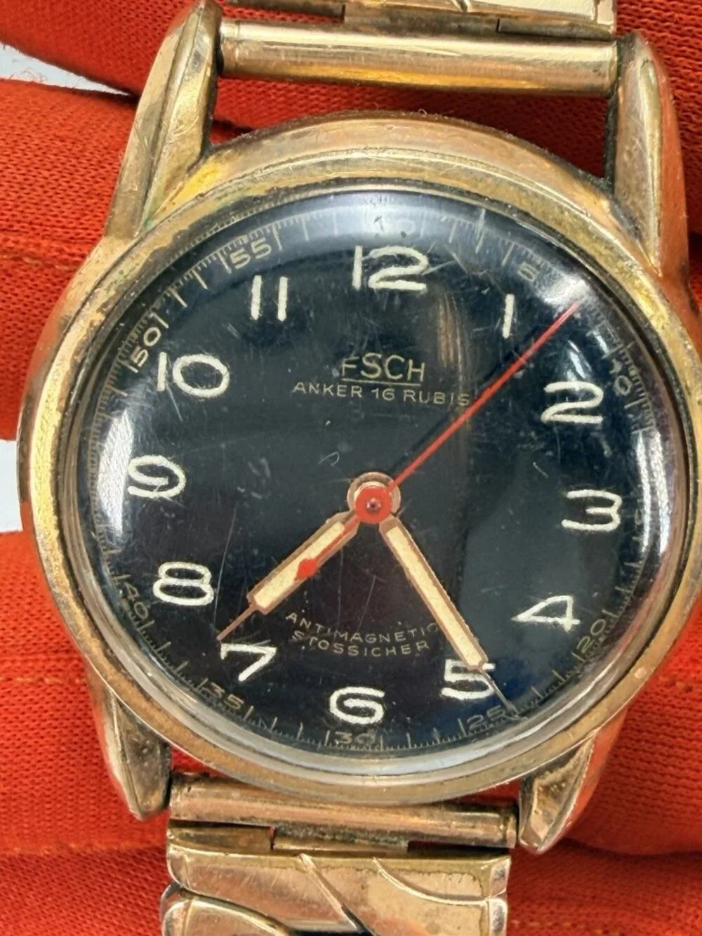Vintage Germany FSCH Anker 16 Rubis Mechanical Watch Black Dial Runs